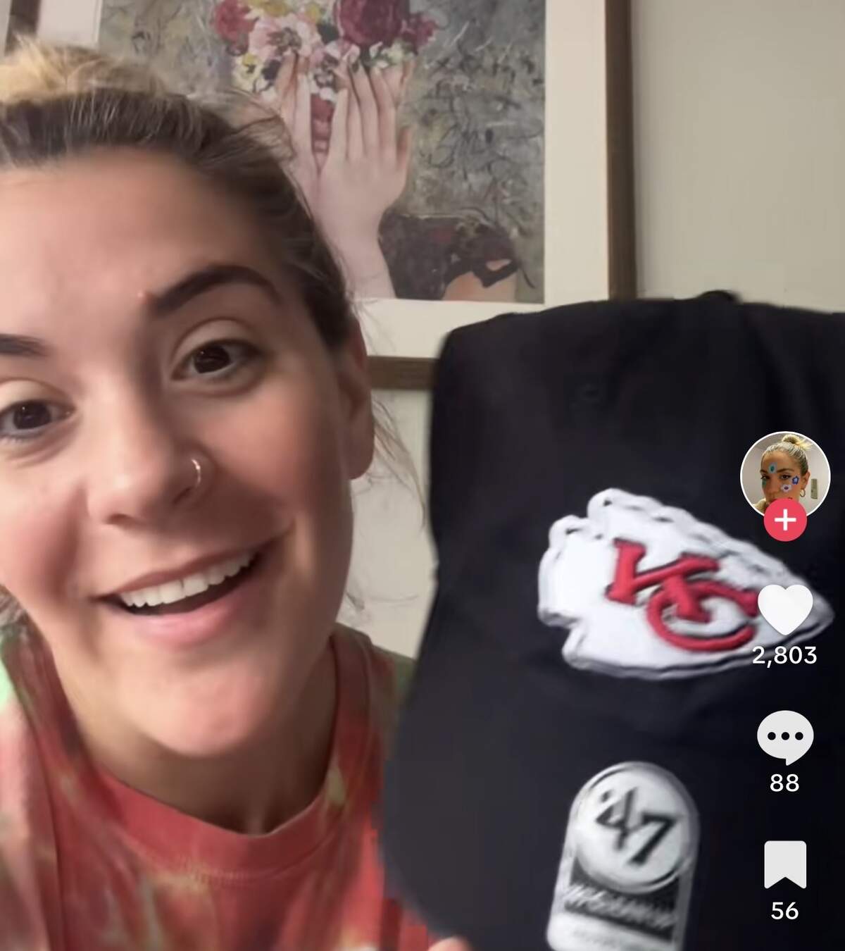 New York crafter Alexa Pearlmutter with the hat she embroidered for Donna Kelce.