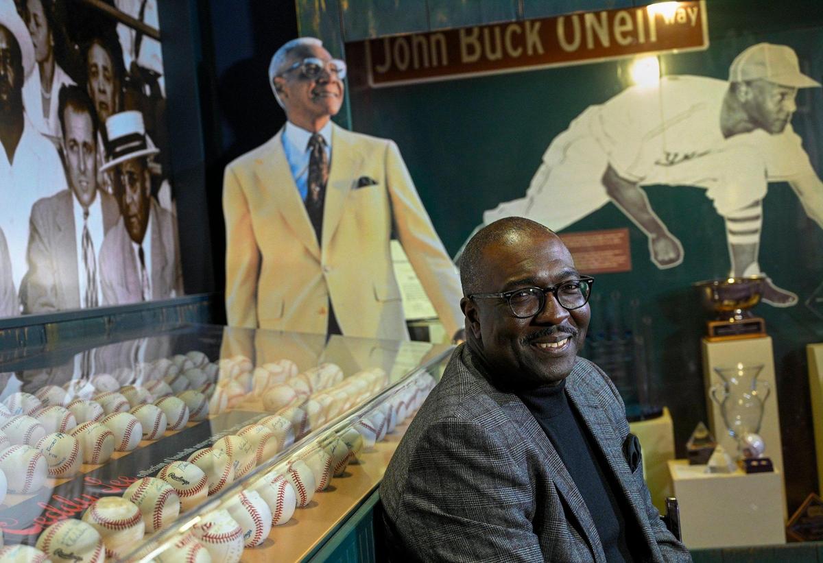 Bob Kendrick, president of the Negro Leagues Baseball Museum, with the case dedicated to Buck O’Neil. Days after O’Neil finally was named to the National Baseball Hall of Fame in December, Kendrick spoke of his joy over the appointment.
