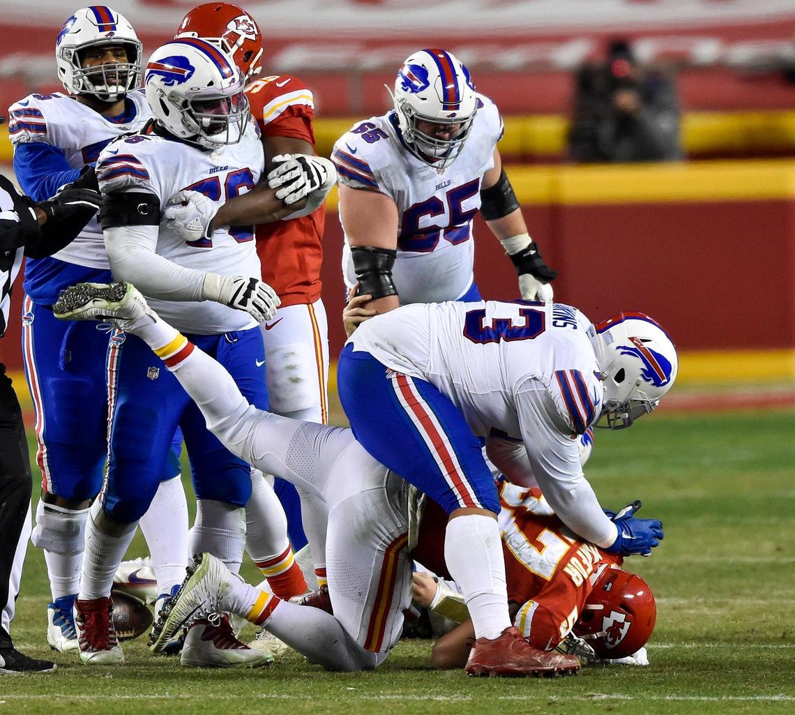 Kansas City Chiefs defensive end Alex Okafor hit Buffalo Bills quarterback Josh Allen in the fourth quarter and four penalties were issued on the play, including Allen, Okafor and Bills offensive tackle Dion Dawkins. The Kansas City Chiefs defeated the Buffalo Bills 38-24 to win the AFC Championship Game at Arrowhead Stadium Sunday Jan. 24, 2021, and will return to the Super Bowl.