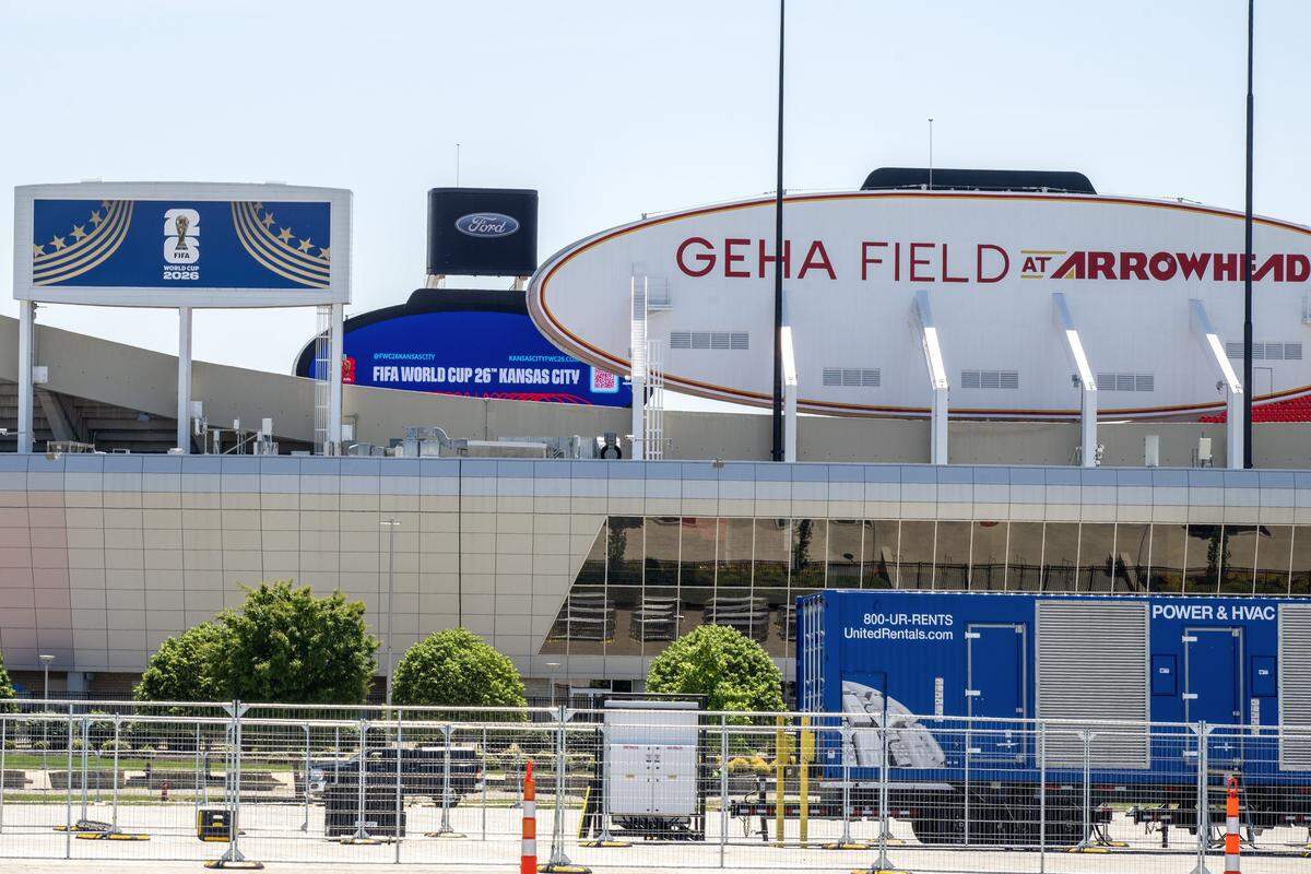 Signs promoting the FIFA World Cup in Kansas City are seen at GEHA Field at Arrowhead Stadium on Monday, May 11, 2026.