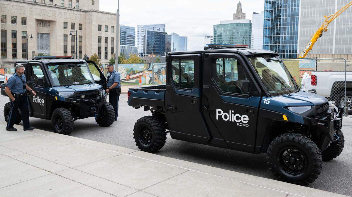 KCPD unveiled new UTVs or Utility Task Vehicle or Utility Terrain Vehicles at KCPD Headquarters, on Tuesday, Oct. 7, 2025, in Kansas City. The vehicles will be used primarily downtown and will be part of the ‘walking beat,’ with the ability to fit into tighter spaces and pursue over longer distances.