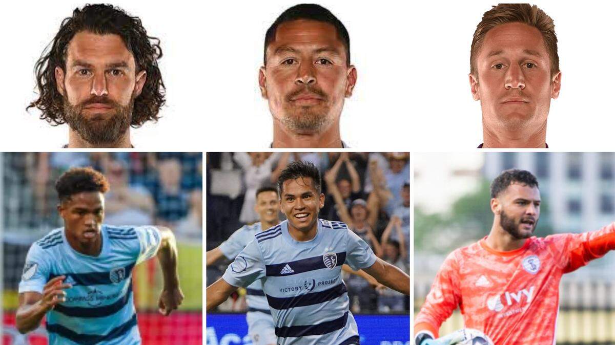 Sporting KC veterans (top row, from left) Graham Zusi, Roger Espinoza and Tim Melia are seeing respective playing-time challenges from (bottom, from left) Kayden Pierre, Felipe Hernandez and John Pulskamp this preseason.