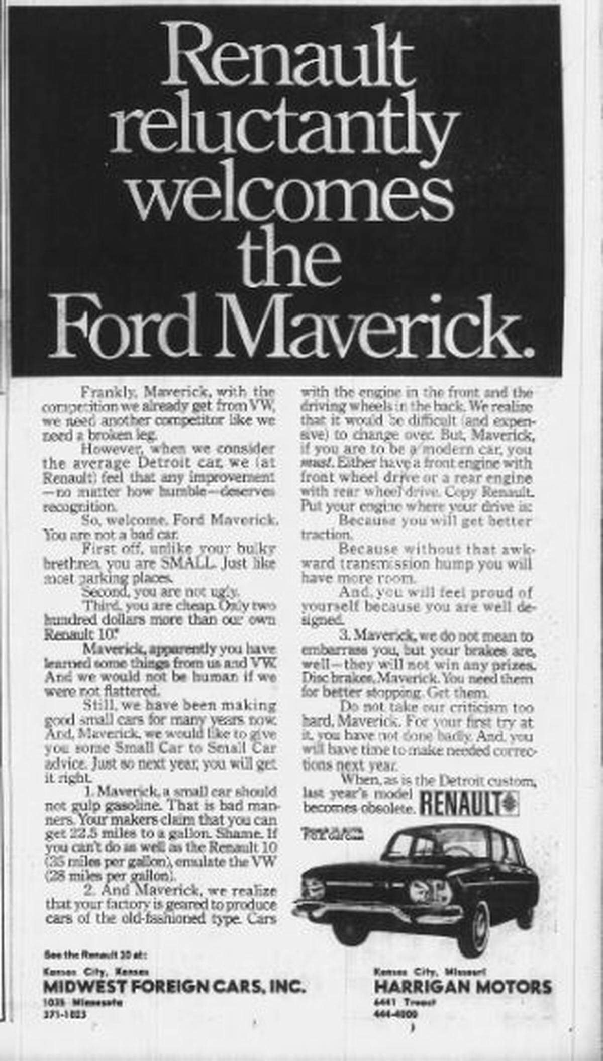 Renault “welcomes” the Ford Maverick, made in Kansas City, with a lampoon ad in The Kansas City Star on April 17, 1969
