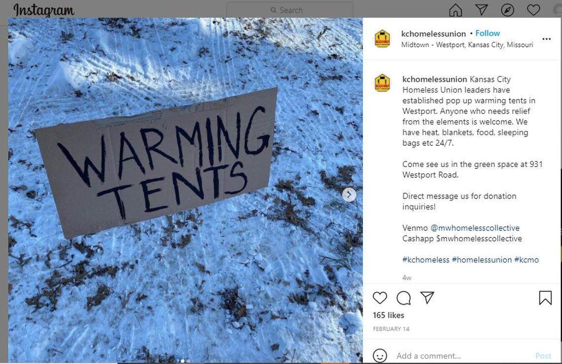 Leaders with the Midwest Homeless Collective, fighting for the rights of the homeless, put up warming tents at Westport Road and Southwest Trafficway in mid-February and posted about it on Instagram.