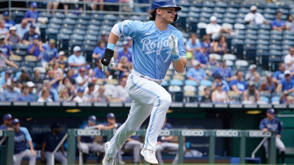 Kansas City Royals’ Bobby Witt Jr. runs to first after hitting an RBI single in the first inning against the Tampa Bay Rays during a baseball game, Sunday, July 24, 2022, in Kansas City, Mo. (AP Photo/Ed Zurga)