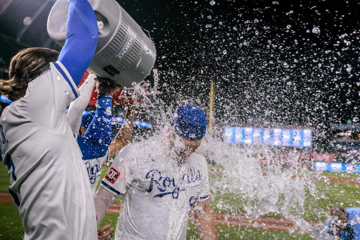 Kansas City Royals first baseman Vinnie Pasquantino gets the Gatorade splash after Wednesday’s game against the Houston Astros at Kauffman Stadium.
