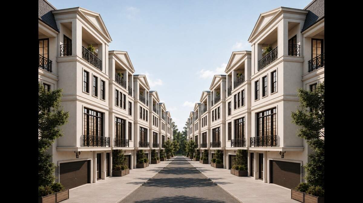 Renderings of The Row at Uptown, a proposed new development of town homes and commercial space at 133rd Street and Black Bob Road. Developers designed the buildings in French Renaissance architecture.