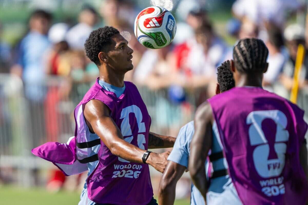England's Jarell Quansah stares down a ball during practice on Victory Field at Swope Soccer Village, Saturday, June 13, 2026, in Kansas City. The team will call Prairie Village home during the World Cup.