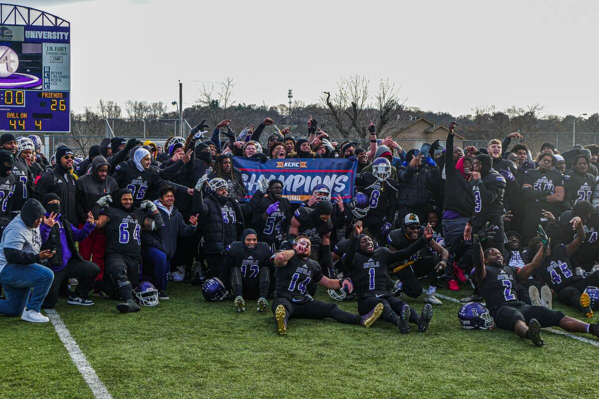 Avila celebrates its 42-26 win over Friends on Saturday, a victory that cemented the Kansas Collegiate Athletic Conference championship and the program’s first NAIA postseason tournament berth.