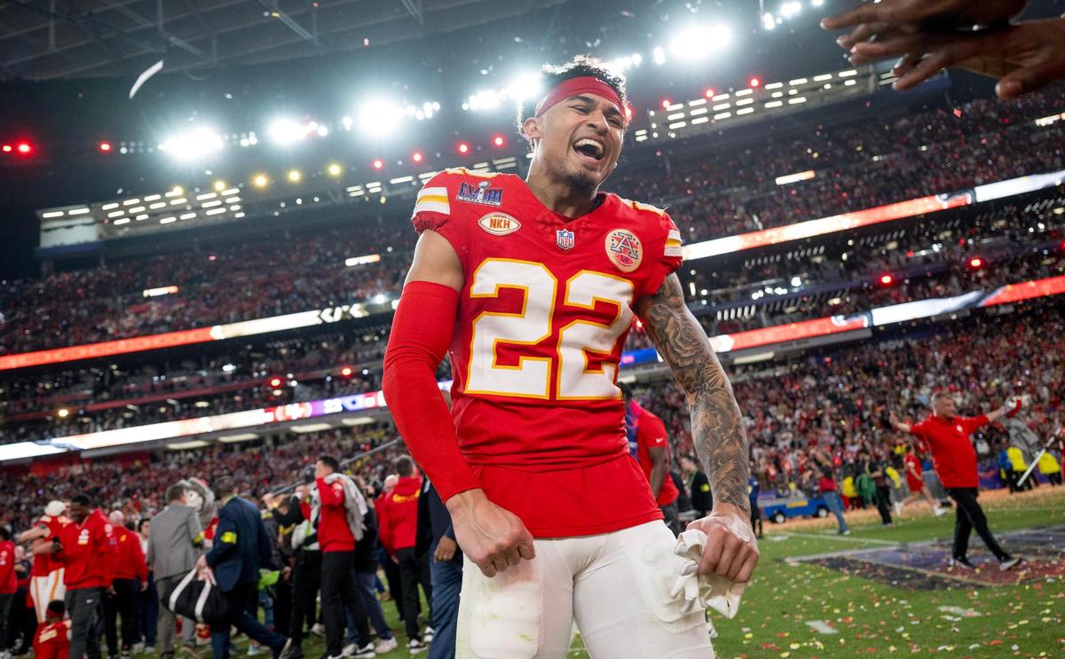 Kansas City Chiefs cornerback Trent McDuffie (22) celebrates after the Chiefs defeated the San Francisco 49ers in overtime 25-22 in Super Bowl LVIII on Sunday, Feb. 11, 2024, in Las Vegas.