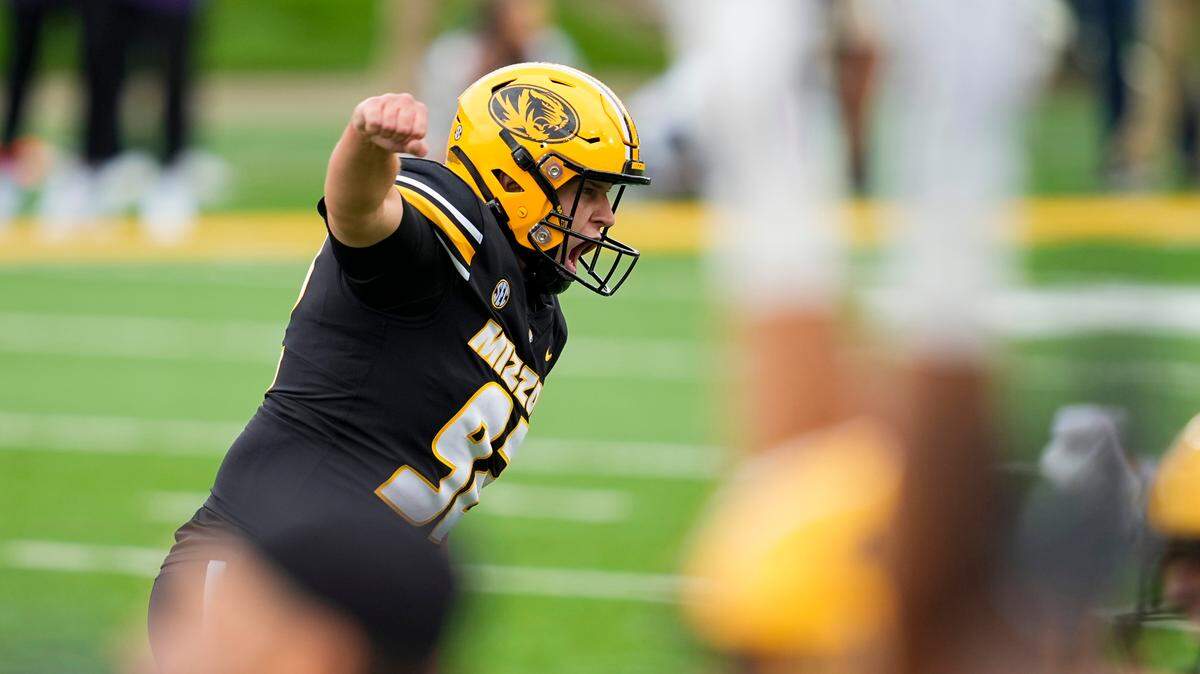 Missouri Tigers kicker Harrison Mevis (92) celebrates after kicking the game-winning field goal as time expires against the Kansas State Wildcats at Faurot Field at Memorial Stadium on Sept. 16, 2023.