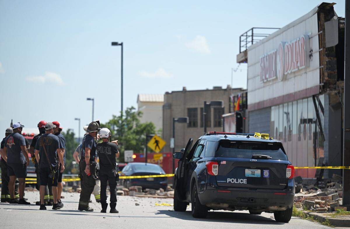 Police and KCFD were at the scene of a Family Dollar store in the 3700 block of Broadway after a portion of it collapsed Sunday, July 27, 2025. According to a KCFD spokesperson, one person was killed in the collapse and three others were injured, one with severe injures.