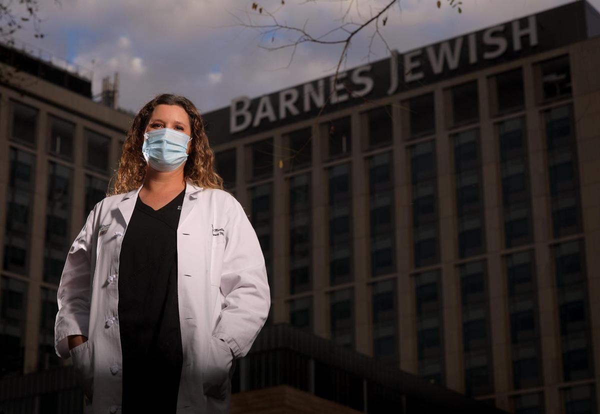 Kristen Mueller, assistant professor of emergency medicine at Washington University Medical School, poses on Thursday, Nov. 12, 2020, outside of Barnes-Jewish Hospital in St. Louis.