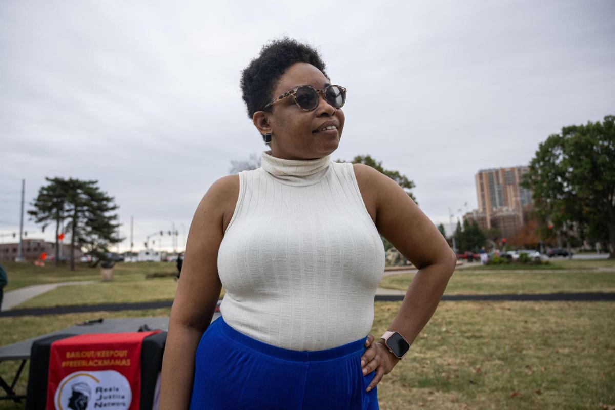 M’Vyonne Payne, leader with Reale Justice Network, at a rally for Missouri’s Amendment 3 vote at Mill Street Park in Kansas City on Saturday, Nov. 2, 2024.