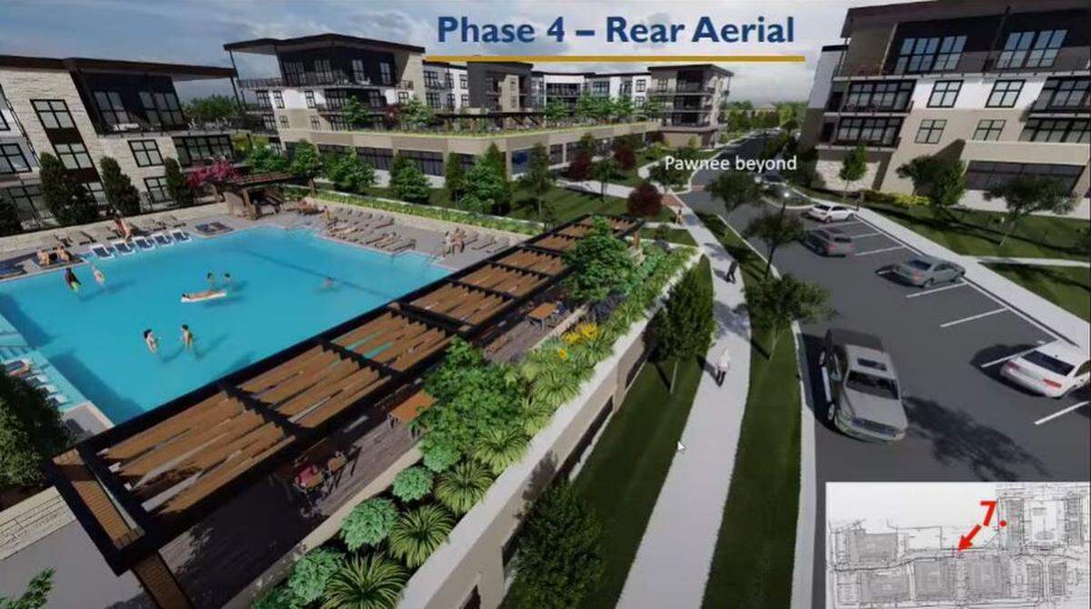 Hundreds of apartments, as well as luxury homes, duplexes, restaurants, retail, a rooftop pool and a park are planned for Leawood, near 135th Street and State Line Road, as shown in this screenshot of a planning commission meeting.