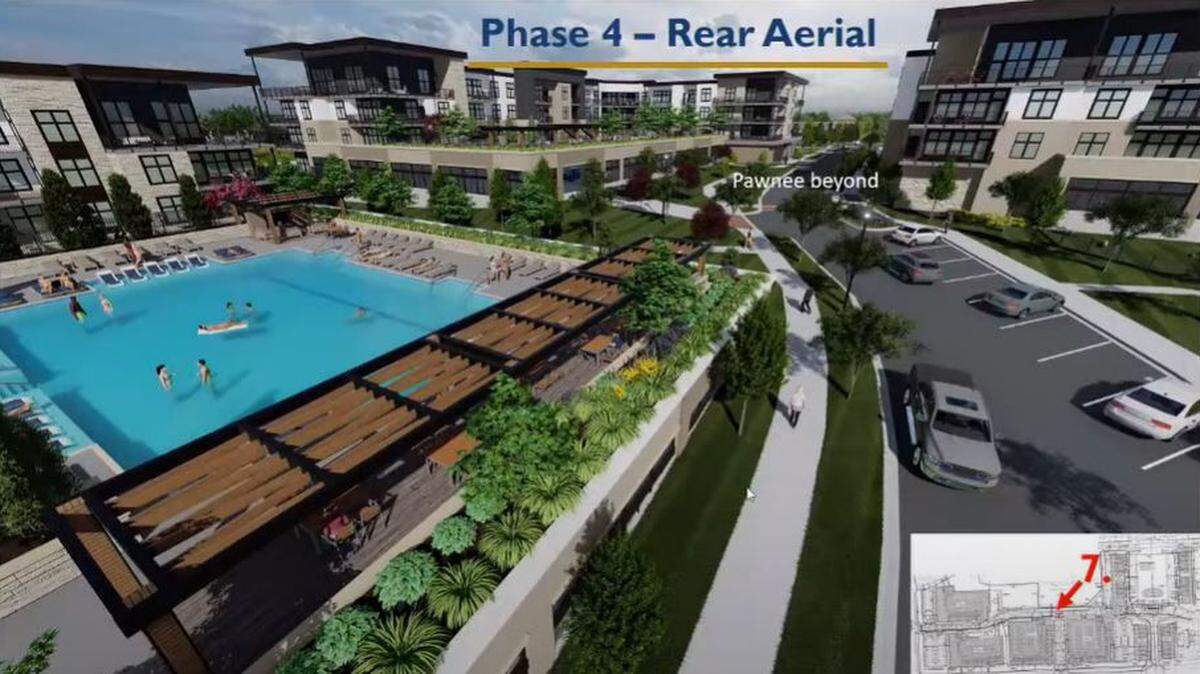 Hundreds of apartments, as well as luxury homes, duplexes, restaurants, retail, a rooftop pool and a park are planned for Leawood, near 135th Street and State Line Road, as shown in this screenshot of a planning commission meeting.