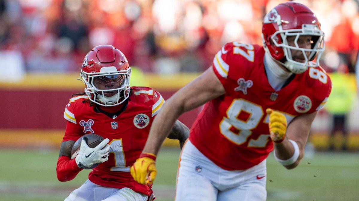 Kansas City Chiefs wide receiver Xavier Worthy (1) runs for a first down behind tight end Travis Kelce (87) in the second half against the Houston Texans at GEHA Field at Arrowhead Stadium on Saturday, Dec. 21, 2024.
