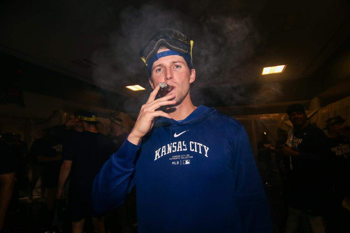 Kansas City Royals pitcher Kyle Wright (30) celebrates after clinching a Wild Card playoff birth after a game against the Atlanta Braves at Truist Park on Sept. 27, 2024.