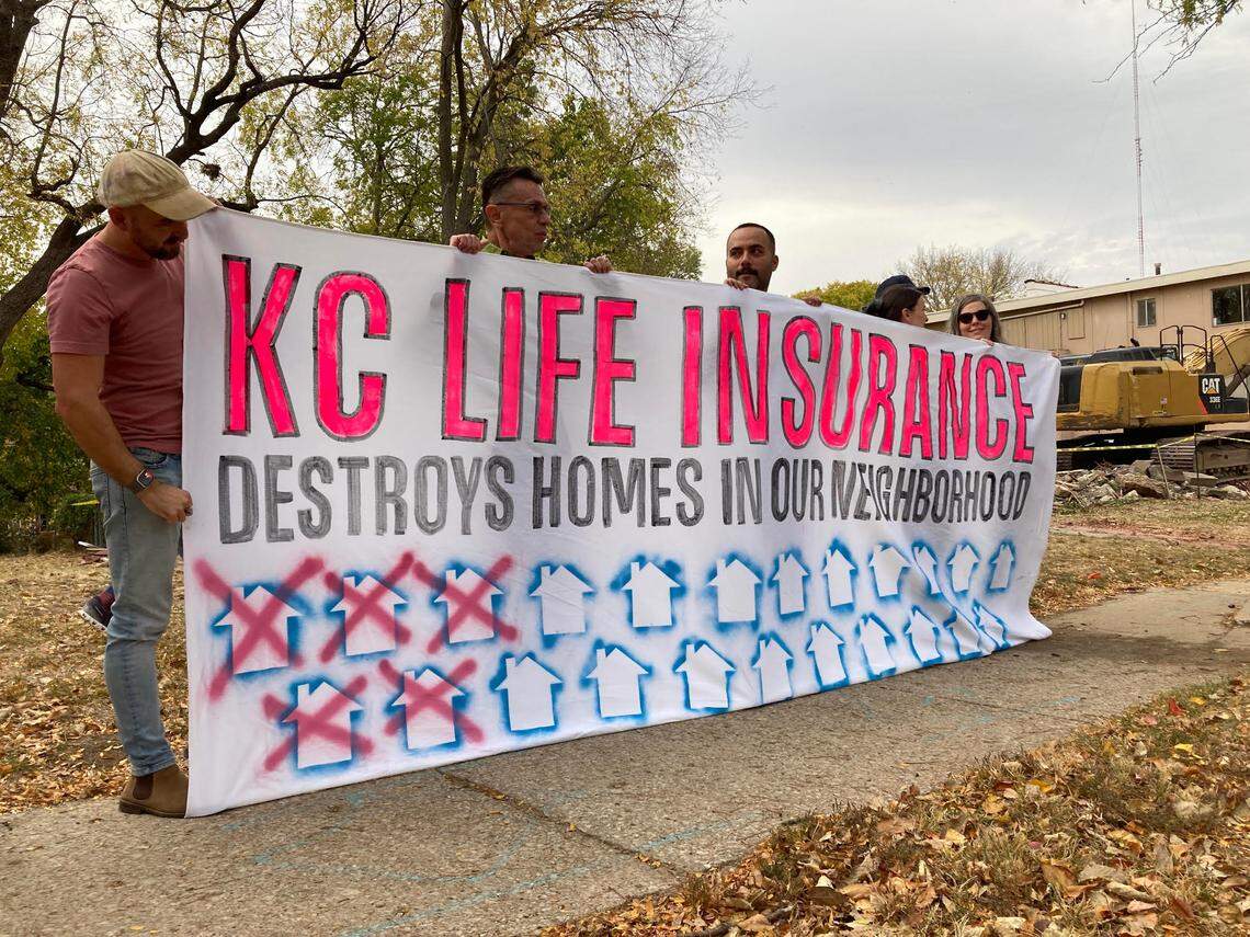 Neighborhood residents protesting the demolition of buildings owned by Kansas City Life Insurance in the Valentine neighborhood on Oct. 28, 2024.
