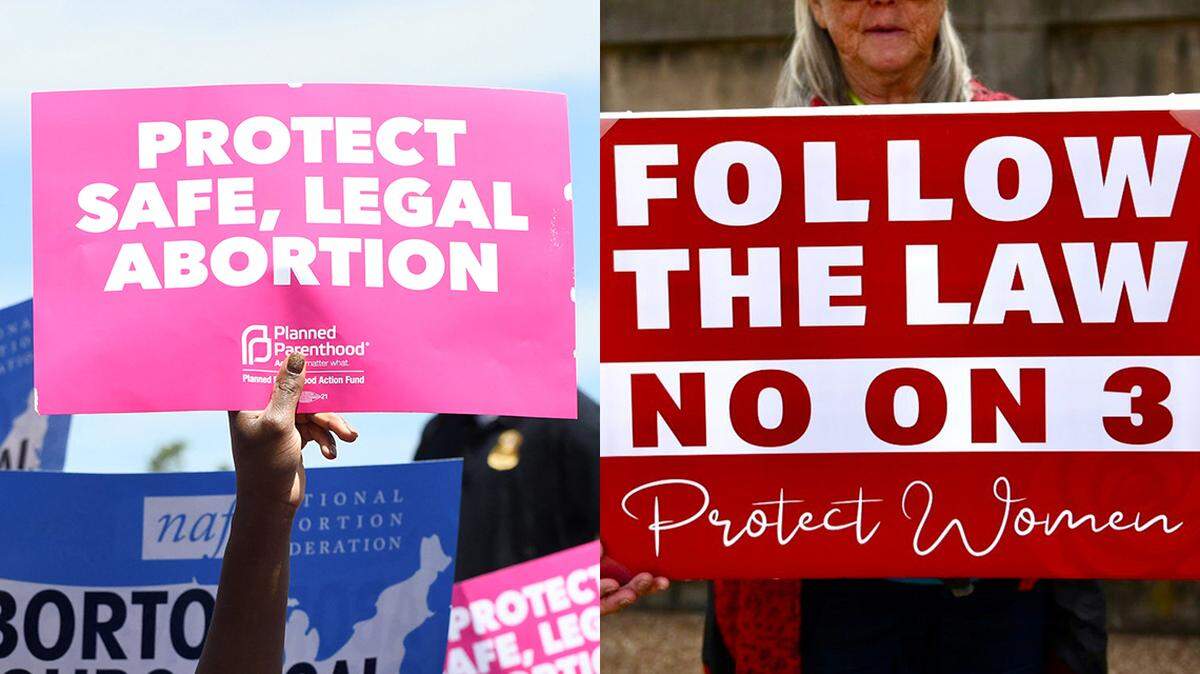 For opinion use only
Pro and con signs from demonstrations about Missouri Amendment 3 on abortion rights