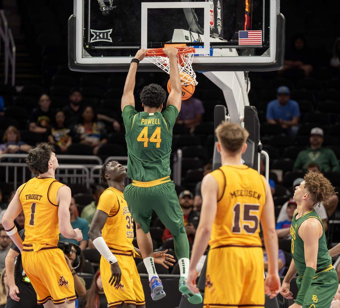 Baylor Bears center Caden Powell (44) makes a slam dunk against the Arizona State Sun Devils during the second half of the Big 12 Men's Basketball Tournament at T-Mobile Center on Tuesday, March 10, 2026, in Kansas City.