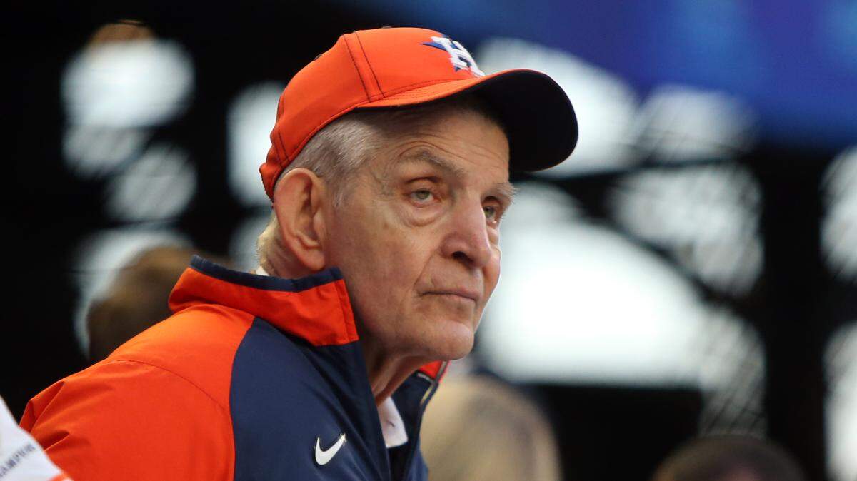 Houston Astros fan Jim “Mattress Mack” McIngvale watches batting practice prior to game five of the 2021 World Series against the Atlanta Braves at Truist Park.
