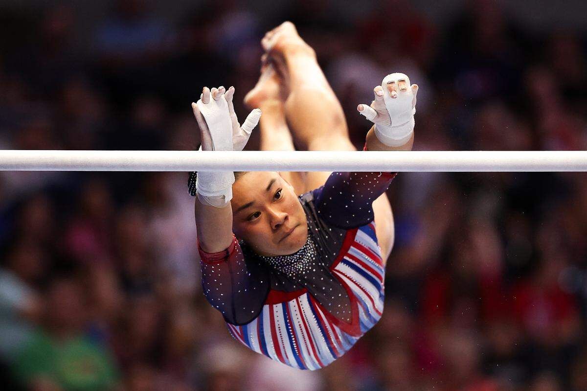 Leanne Wong competes on the uneven bars during the U.S. Olympic Team Gymnastics Trials at Target Center in Minneapolis on June 28, 2024.