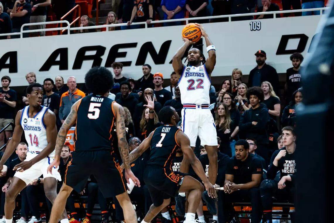 Kansas Jayhawks guard Darryn Peterson, No. 22, rises up to shoot a 3-pointer during a Big 12 men’s basketball game against the Oklahoma State Cowboys at Gallagher-Iba Arena in Stillwater, Oklahoma, on Wednesday, Feb. 18, 2026.