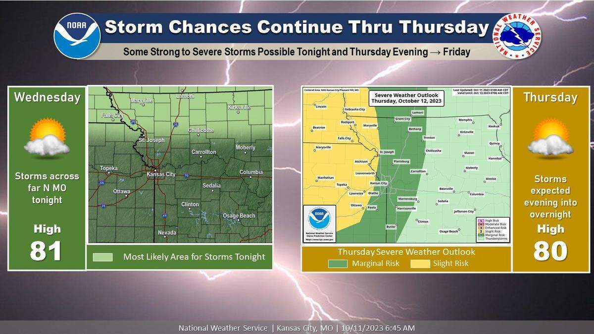 Severe weather will be possible Thursday evening into early Friday, with the strongest storms possible across far eastern Kansas and far western Missouri, according to the National Weather Service.