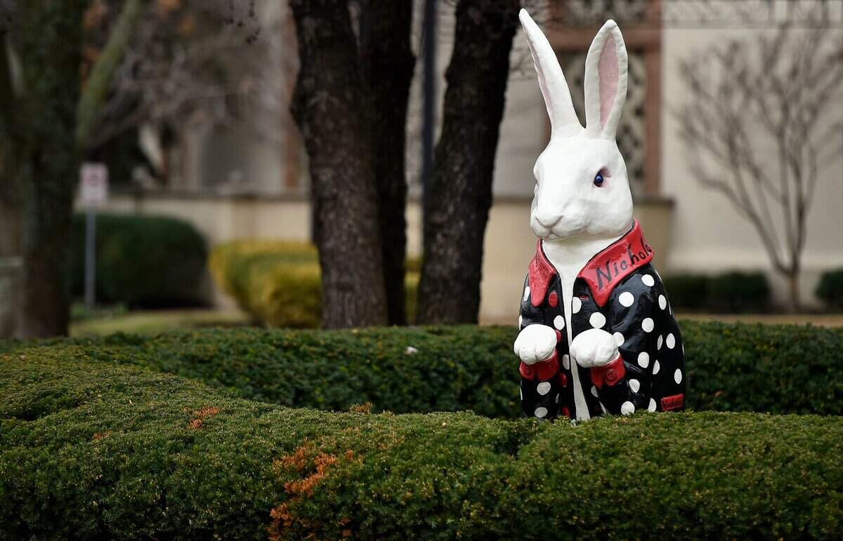 The Plaza bunnies returned to the Country Club Plaza Monday, March 15, 2021. The bunnies, a Plaza tradition since the 1930s, are installed each year to officially welcome the spring season. Nicholas stands near Mill Creek Parkway and W. 47th Street.