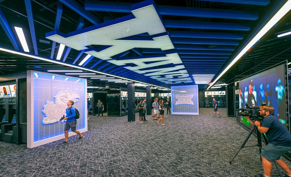 Student-athletes in the Kansas football program have an upgraded locker room that was unveiled during a media tour Tuesday, Aug. 8, 2023, at the Anderson Football Complex in Lawrence, Kansas.