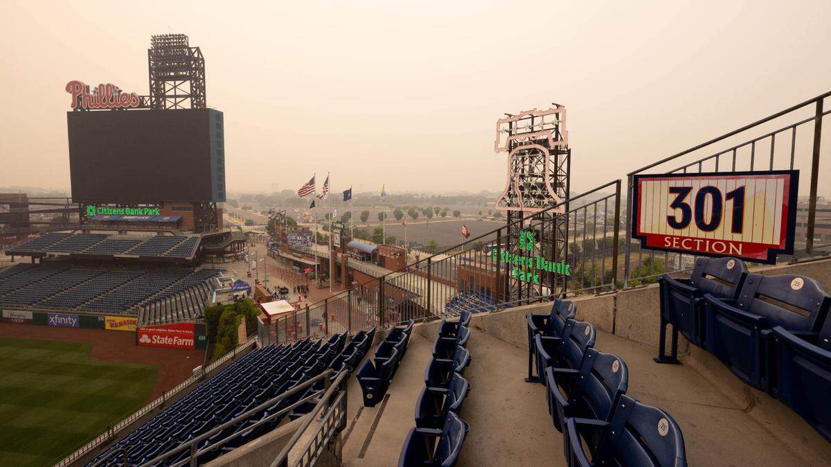 Stadium views after smoke from Canadian wildfires causes a postponement of the game between the Philadelphia Phillies and the Detroit Tigers at Citizens Bank Park in Philadelphia on June 7, 2023.
