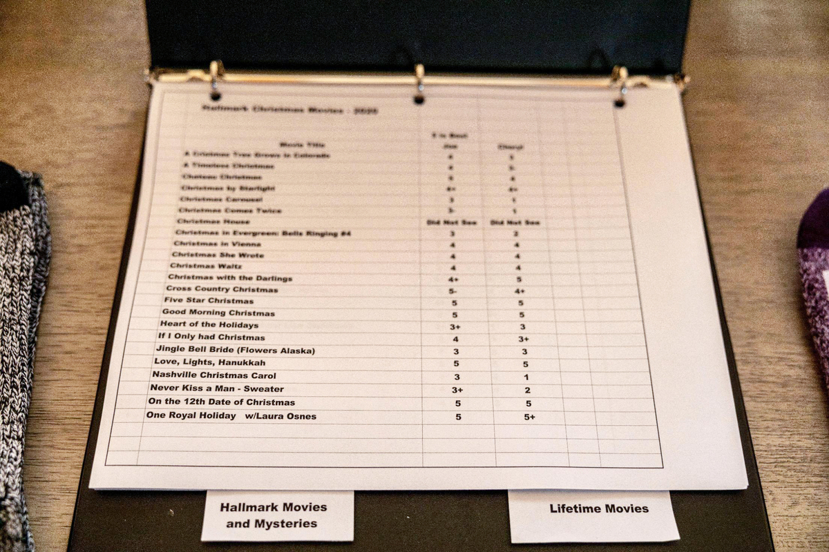 The Maggios keep a notebook on their coffee table listing and rating the Hallmark and Lifetime movies they’ve watched together since 2016.