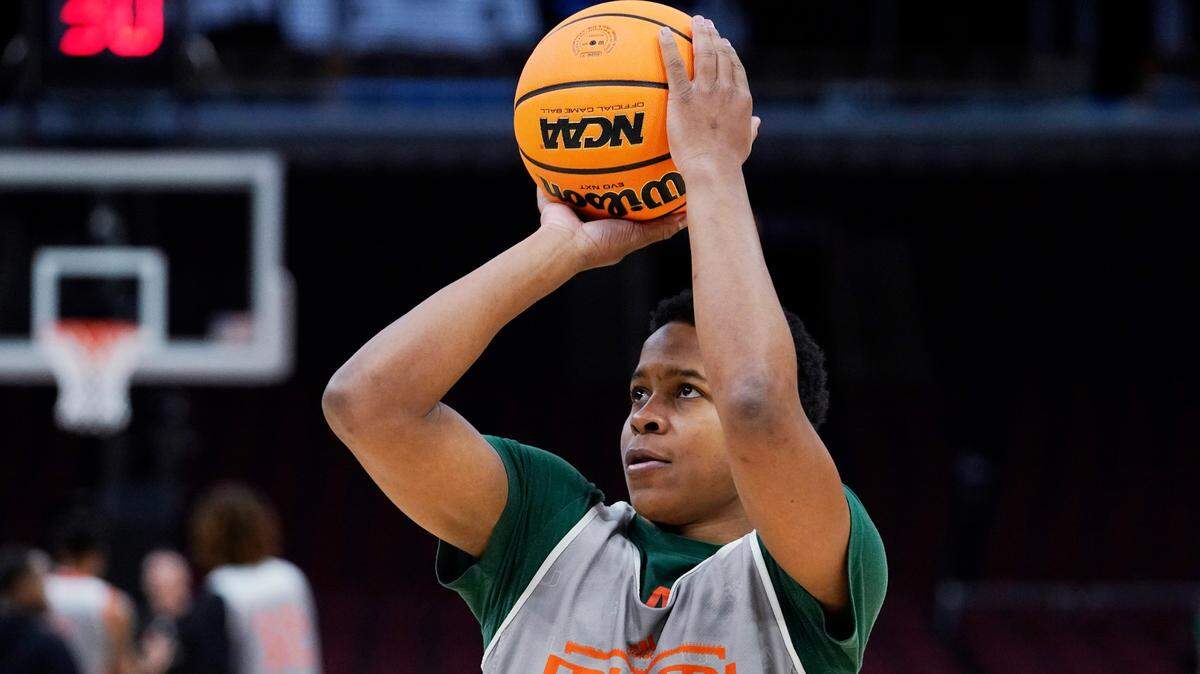 Miami guard Charlie Moore works on the court during a practice for the NCAA men’s college basketball tournament Thursday, March 24, 2022, in Chicago. Miami faces Iowa State in a Sweet 16 game on Friday. (AP Photo/Nam Y. Huh)