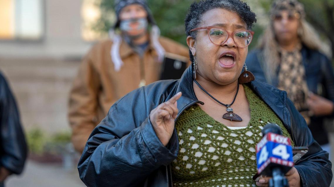 Sheryl Ferguson, an organizer with It’s Time 4 Justice, speaks outside the Jackson County courthouse in 2021. Ferguson is organizing an event for members of the public to discuss race.