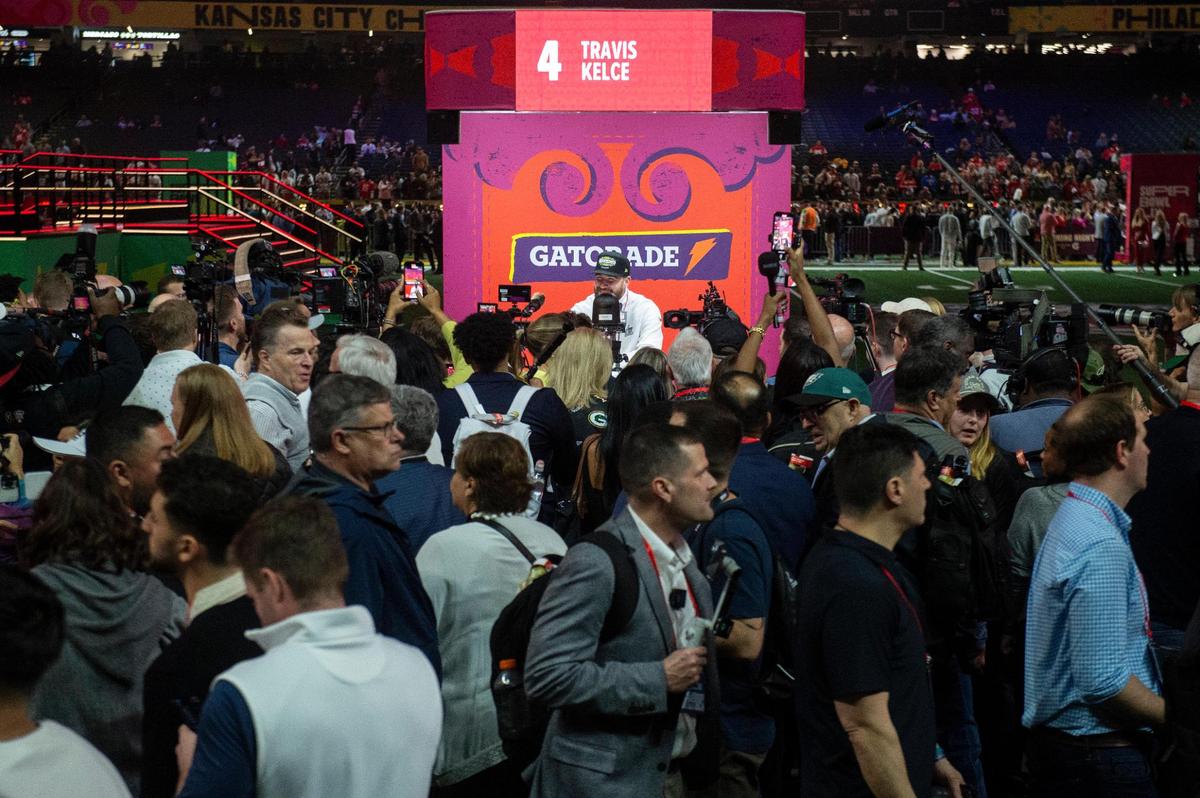 Kansas City Chiefs tight end Travis Kelce (87) speaks to the media during opening night of the Super Bowl at Caesars Superdome in New Orleans on Monday, Feb. 3, 2025.