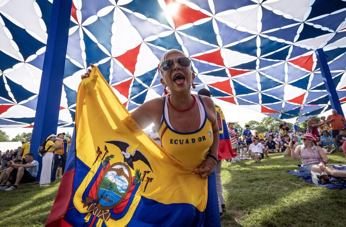 Ecuador fans rally on Friday night at the FIFA Fan Festival at Liberty Memorial. Ecuador takes on Curaçao during group stage play at Kansas City Stadium on Saturday.