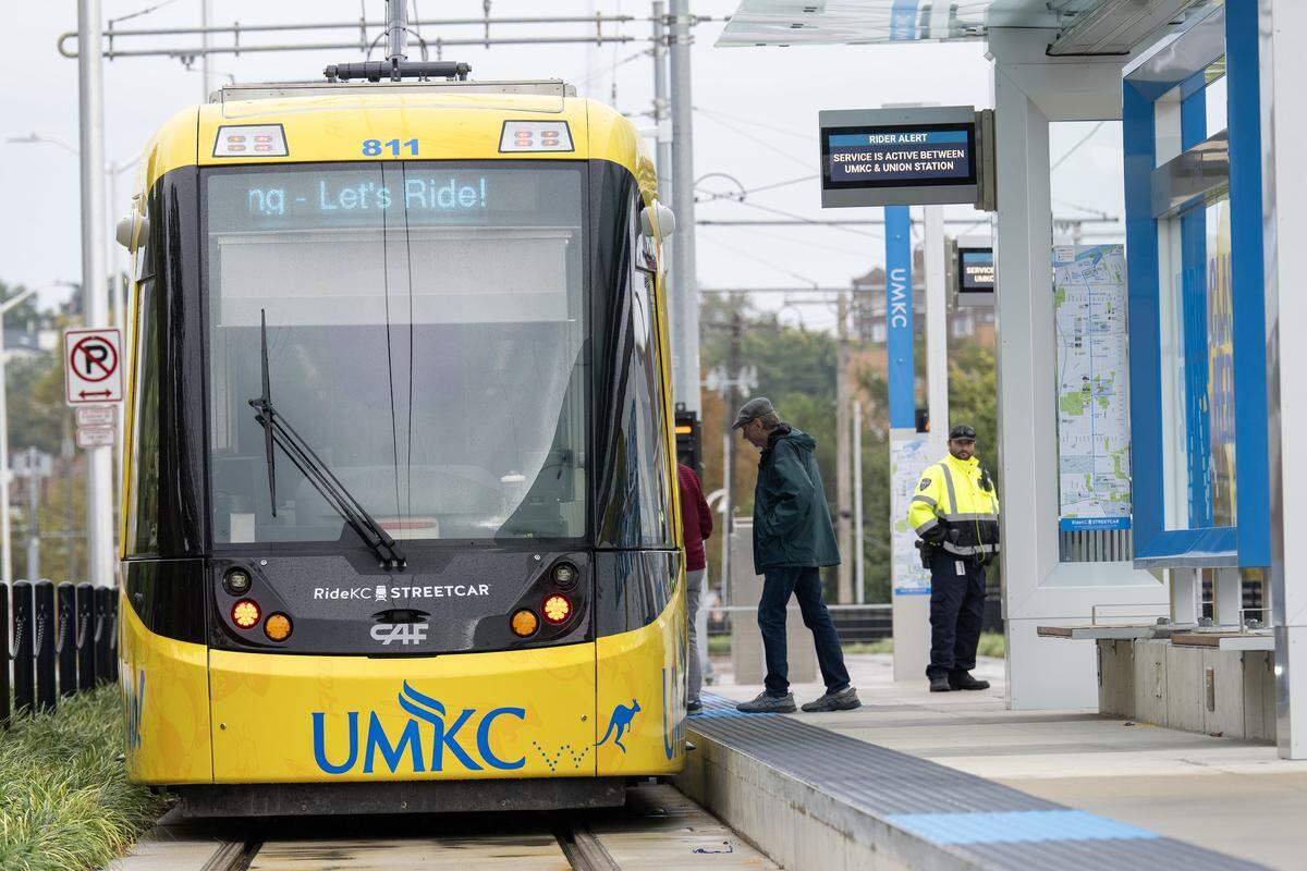 The University of Missouri-Kansas City wrapped streetcar at the new stop at UMKC during the opening KC Streetcar's Main Street extension on Friday, October 24, 20225, in Kansas City. 