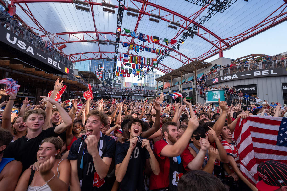 Fans cheer before the USA team Round of 16 match vs. Belgium at the Power & Light District on Monday, July 6, 2026.