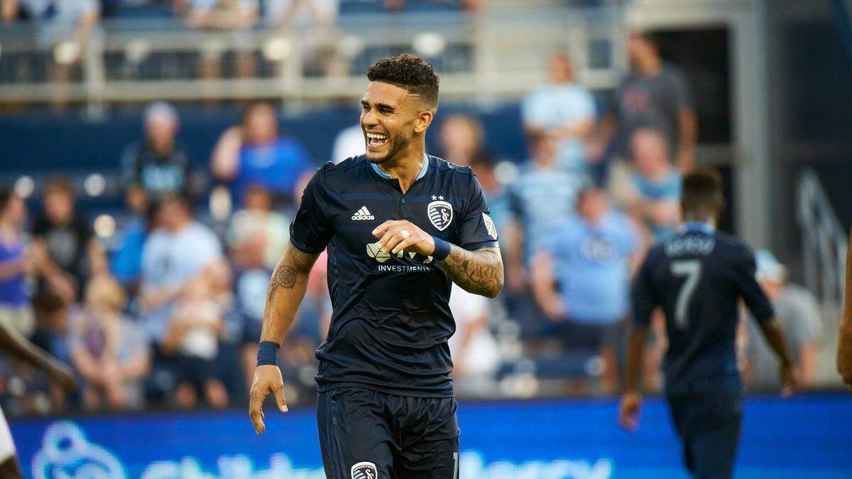 Sporting Kansas City forward Dom Dwyer (14) laughs between plays during a match at Children’s Mercy Park on June 14, 2017.