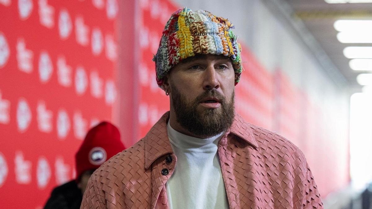 Kansas City Chiefs tight end Travis Kelce arrives for the game against the Houston Texans in the AFC Divisional Round playoffs on Jan. 18, 2025, at GEHA Field at Arrowhead Stadium.