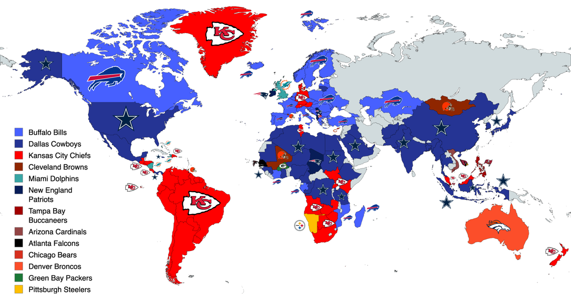 A map of the world depicting the most popular NFL team in each country based on search traffic from a recent study conducted by FlashPicks.