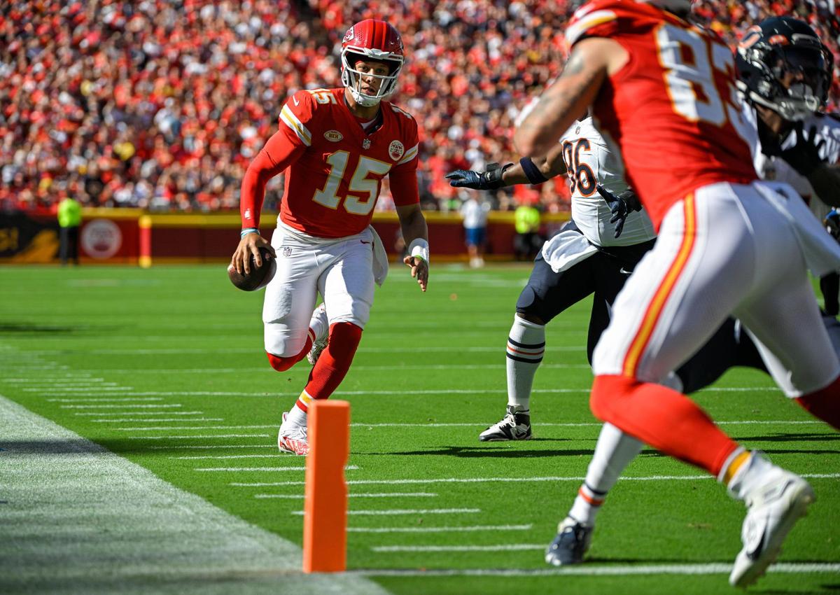 Kansas City Chiefs quarterback Patrick Mahomes (15) runs for yardage in the first quarter agains the Chicago Bears Sunday, Sept. 24, 2023, at GEHA Field at Arrowhead Stadium.