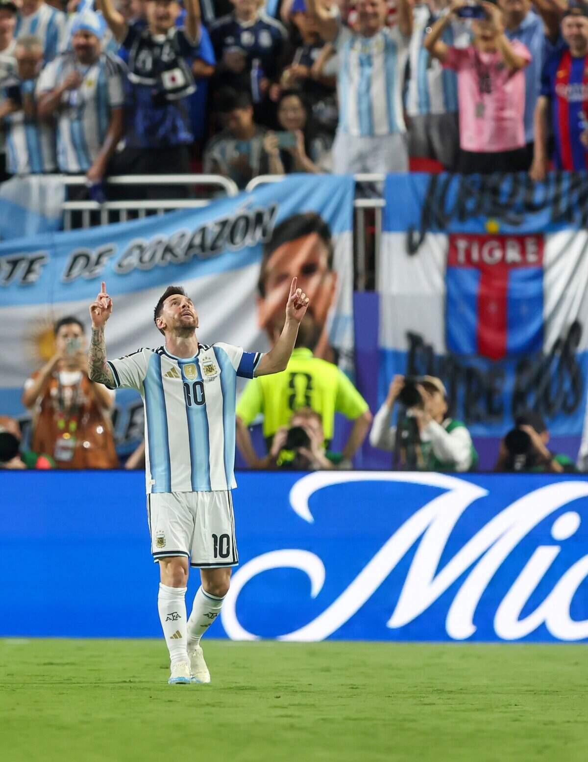 Argentina forward Lionel Messi (10) celebrates after his second goal in the Argentina vs. Algeria FIFA World Cup group-stage soccer match at Kansas City (Arrowhead) Stadium in Kansas City on Tuesday, June 16, 2026.