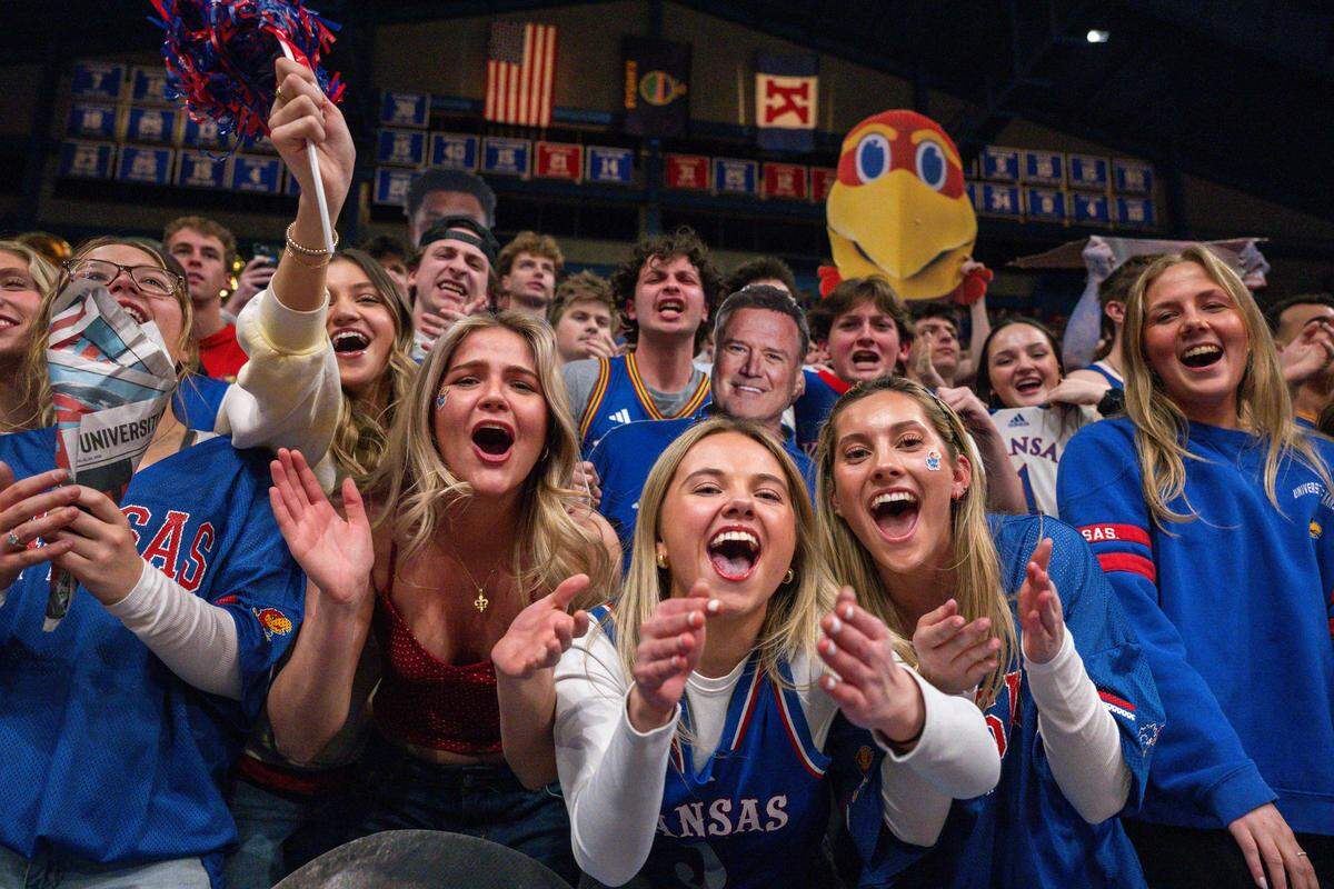 Kansas fans get hyped up during the first half of the Jayhawks’ game vs. the Houston Cougars on Monday, February 23, 2026, at Allen Fieldhouse.