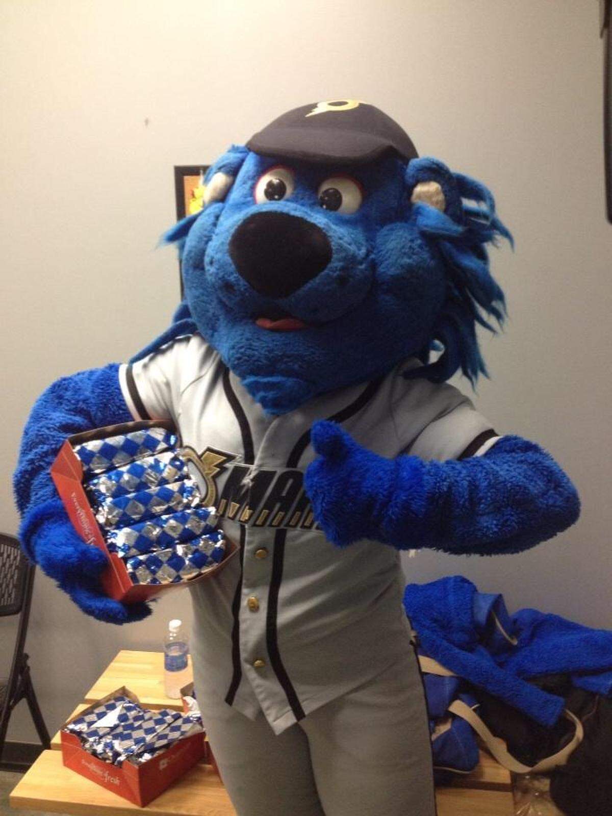 That’s Becca Mann inside that Casey the Blue Lion costume.