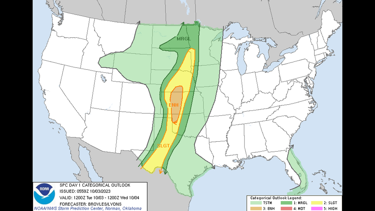 Showers and thunderstorms are expected in the Kansas City area. While none of the storms are expected to be severe in the metro area, parts of western and central Kansas are at an enhanced risk of severe weather that could produce large hail, damaging winds and tornadoes, according to the National Weather Service’s Storm Prediction Center.