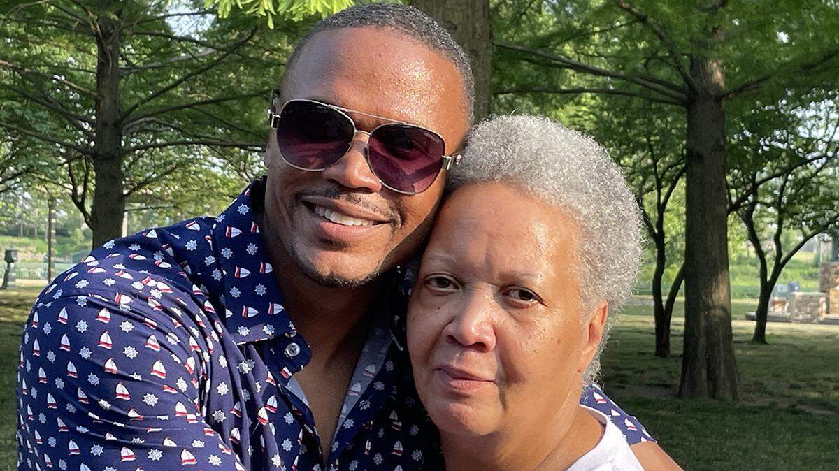 Brian Betts with his mother, Ellen Betts, at a picnic last Friday to welcome him home after the 25 years he spent behind bars for a Kansas City, Kansas, murder that the evidence says he did not commit. 