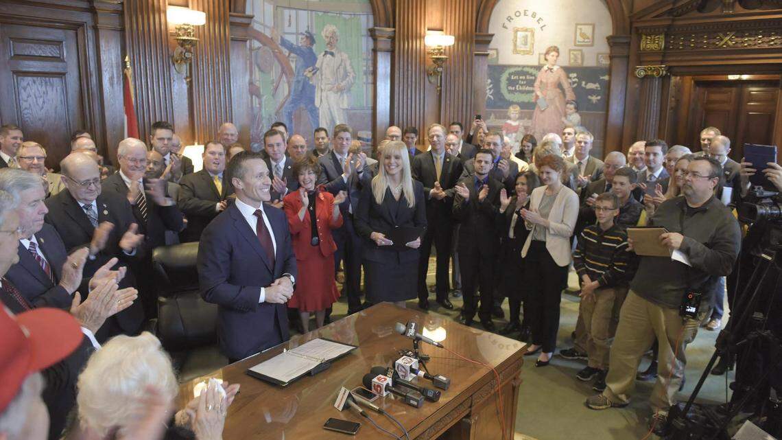 Gov. Eric Greitens held multiple signing ceremonies for right-to-work legislation on Feb. 6, 2017, including one inside the Capitol in Jefferson City.