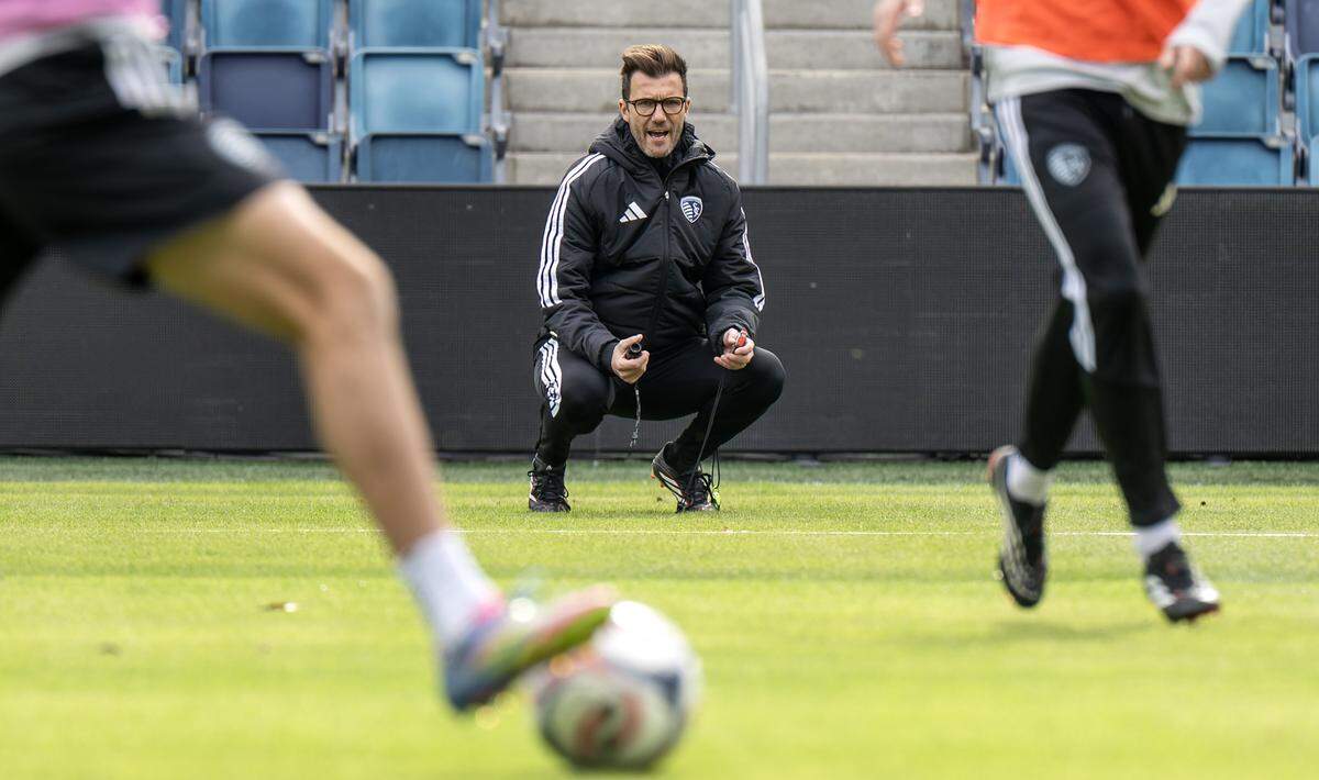 Sporting Kansas City head coach Raphael Wicky directs players during practice at Sporting Park on Tuesday, Feb. 24, 2026, in Kansas City, Kansas